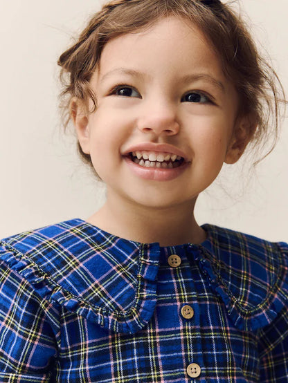 |Girl| Vestido Xadrez Azul Cobalto Com Gola Longa e Manga Comprida (3 meses a 8 anos)