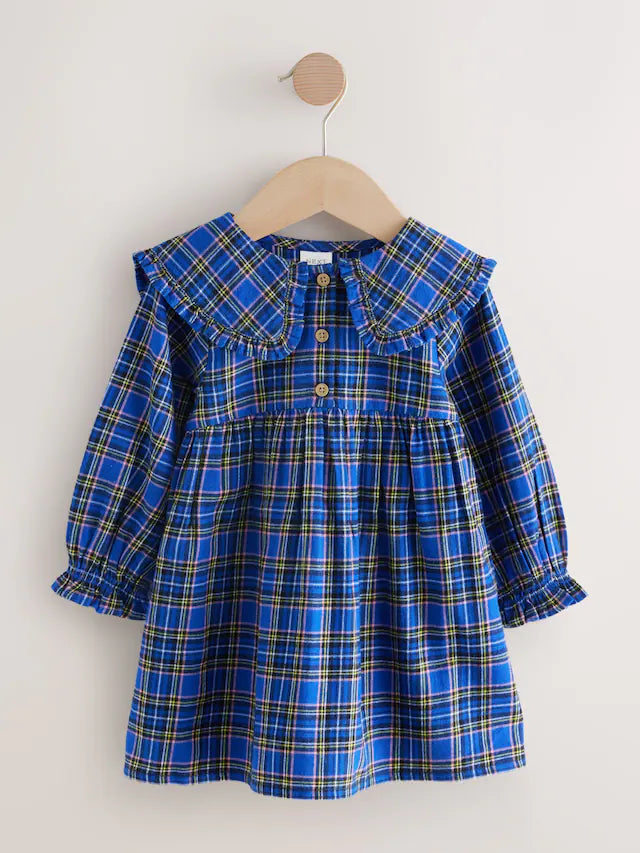 |Girl| Vestido Xadrez Azul Cobalto Com Gola Longa e Manga Comprida (3 meses a 8 anos)