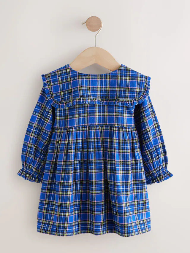 |Girl| Vestido Xadrez Azul Cobalto Com Gola Longa e Manga Comprida (3 meses a 8 anos)