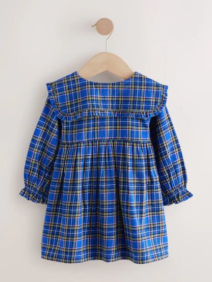 |Girl| Vestido Xadrez Azul Cobalto Com Gola Longa e Manga Comprida (3 meses a 8 anos)