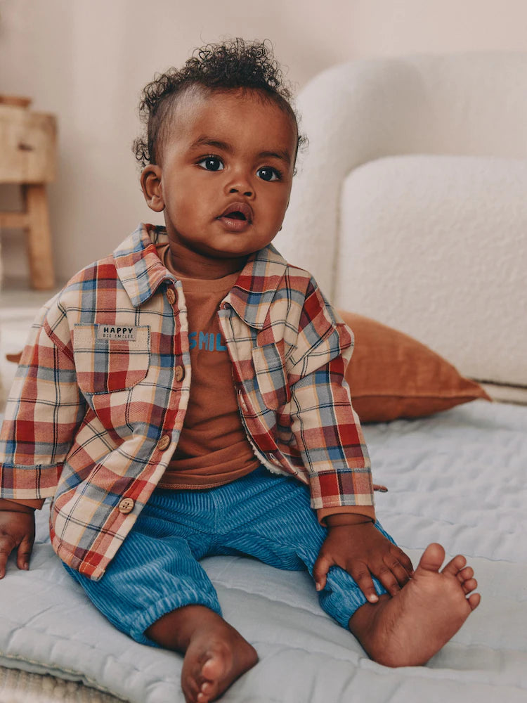 |BabyBoy| Conjunto De 3 Peças De Blusa e Calça Shacket Marrom/Azul Marinho Para Bebê (0 meses a 2 anos)