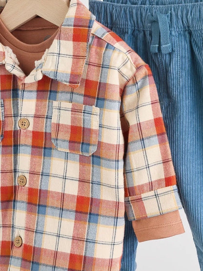 |BabyBoy| Conjunto De 3 Peças De Blusa e Calça Shacket Marrom/Azul Marinho Para Bebê (0 meses a 2 anos)