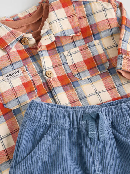 |BabyBoy| Conjunto De 3 Peças De Blusa e Calça Shacket Marrom/Azul Marinho Para Bebê (0 meses a 2 anos)