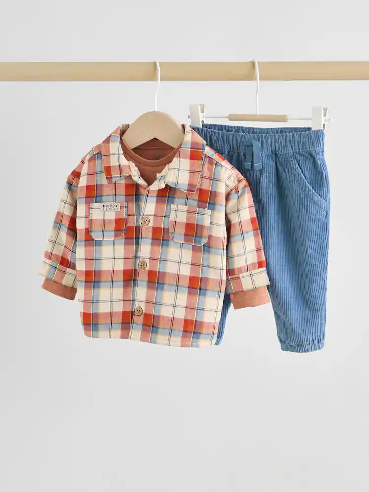 |BabyBoy| Conjunto De 3 Peças De Blusa e Calça Shacket Marrom/Azul Marinho Para Bebê (0 meses a 2 anos)