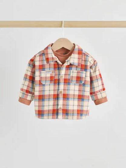 |BabyBoy| Conjunto De 3 Peças De Blusa e Calça Shacket Marrom/Azul Marinho Para Bebê (0 meses a 2 anos)