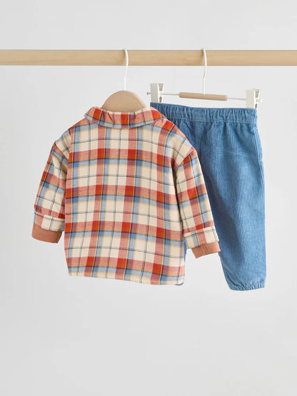 |BabyBoy| Conjunto De 3 Peças De Blusa e Calça Shacket Marrom/Azul Marinho Para Bebê (0 meses a 2 anos)