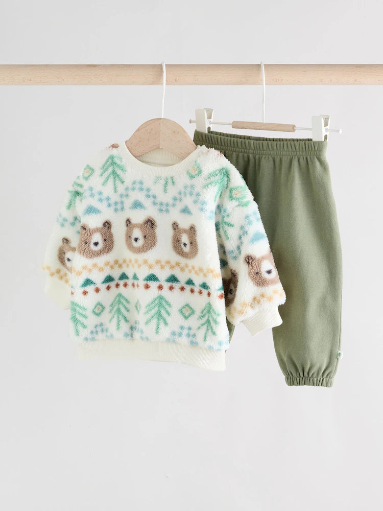 |BabyBoy| Conjunto De Blusa De Lã e Calça De Moletom Green Bear Fairisle Baby (0 meses a 2 anos)