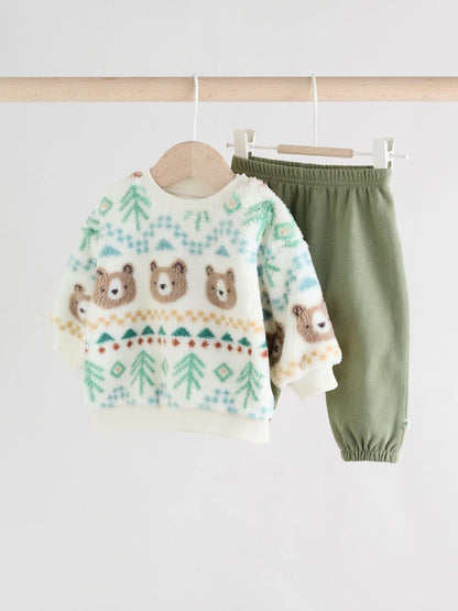 |BabyBoy| Conjunto De Blusa De Lã e Calça De Moletom Green Bear Fairisle Baby (0 meses a 2 anos)