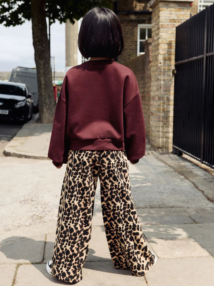 |BigGirl| Conjunto De Moletom Universitário Vermelho Bordô e Calças Largas Com Estampa Animal (3-16 anos)