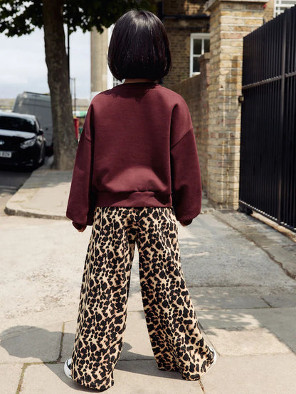 |BigGirl| Conjunto De Moletom Universitário Vermelho Bordô e Calças Largas Com Estampa Animal (3-16 anos)