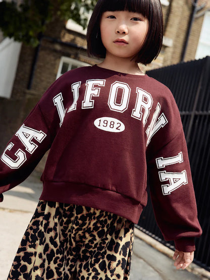 |BigGirl| Conjunto De Moletom Universitário Vermelho Bordô e Calças Largas Com Estampa Animal (3-16 anos)