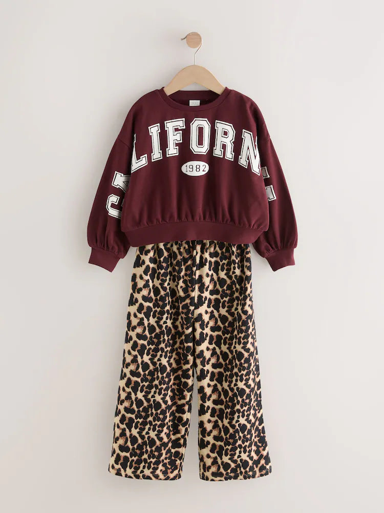 |BigGirl| Conjunto De Moletom Universitário Vermelho Bordô e Calças Largas Com Estampa Animal (3-16 anos)