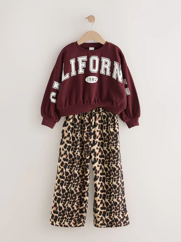 |BigGirl| Conjunto De Moletom Universitário Vermelho Bordô e Calças Largas Com Estampa Animal (3-16 anos)