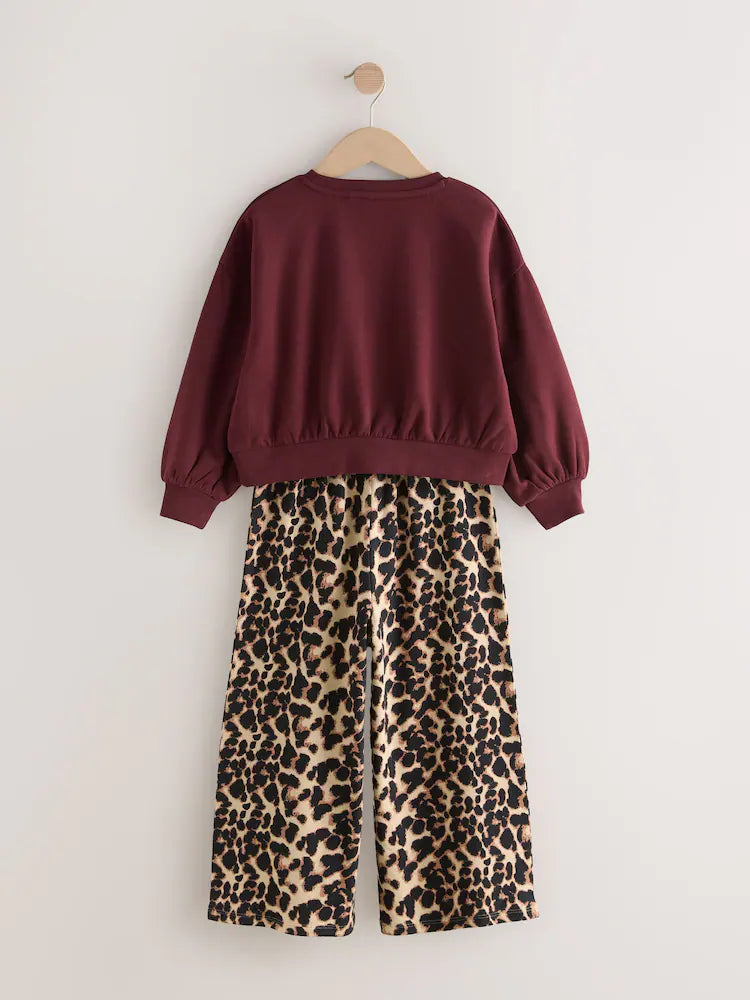 |BigGirl| Conjunto De Moletom Universitário Vermelho Bordô e Calças Largas Com Estampa Animal (3-16 anos)