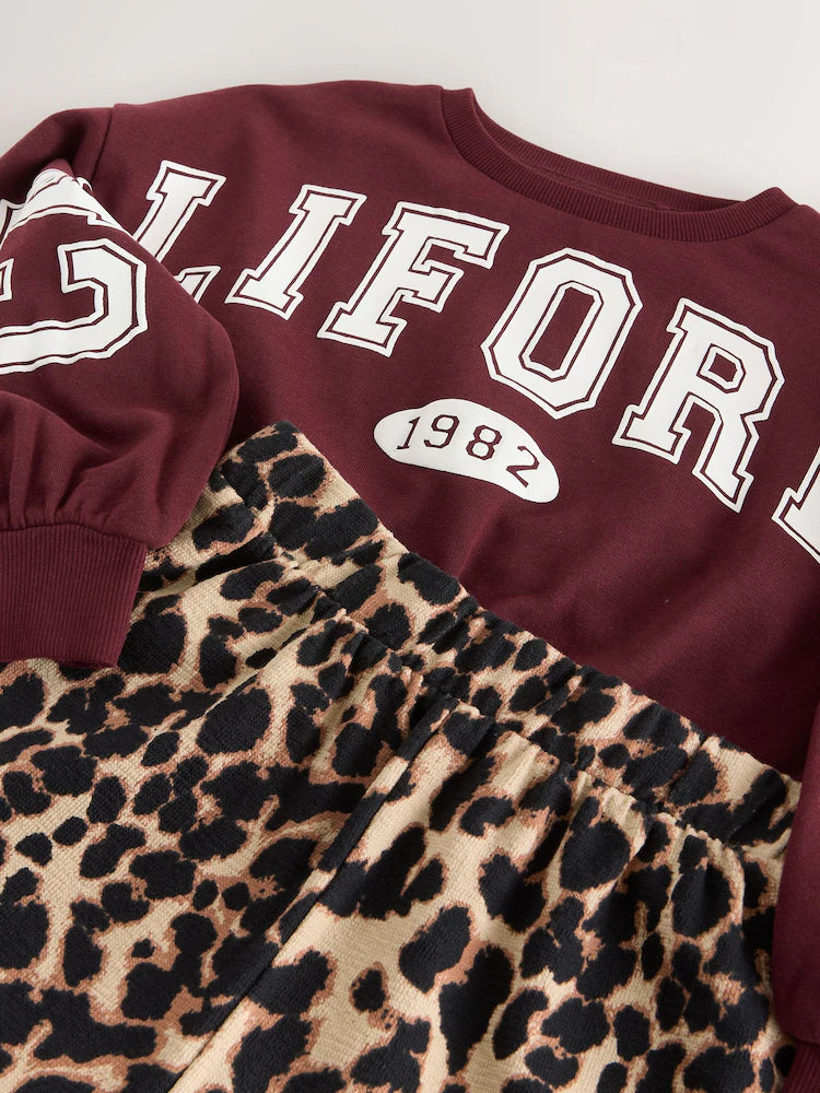 |BigGirl| Conjunto De Moletom Universitário Vermelho Bordô e Calças Largas Com Estampa Animal (3-16 anos)