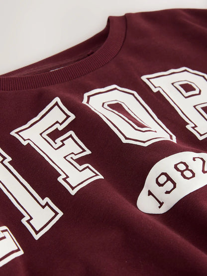 |BigGirl| Conjunto De Moletom Universitário Vermelho Bordô e Calças Largas Com Estampa Animal (3-16 anos)