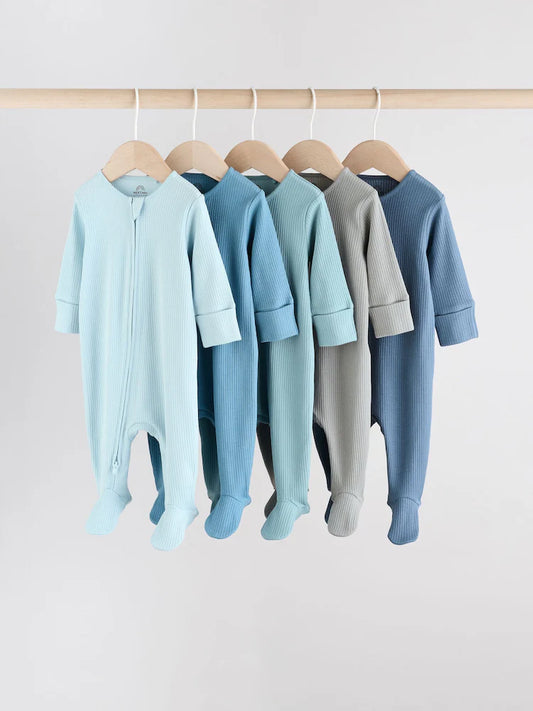|BabyBoy| Pacote Com 5 Macacões Azuis Para Bebês Com Zíper Bidirecional (0-2 anos)