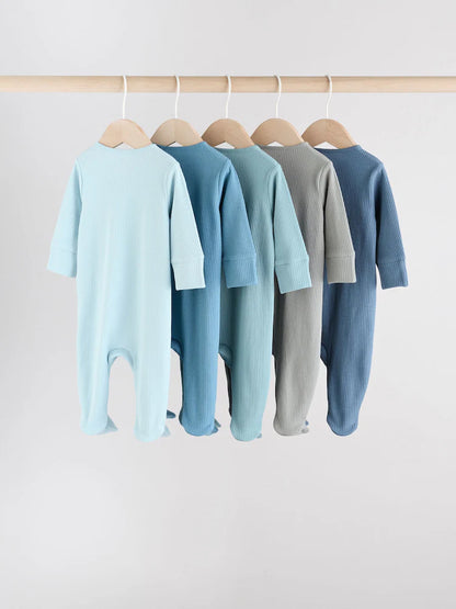 |BabyBoy| Pacote Com 5 Macacões Azuis Para Bebês Com Zíper Bidirecional (0-2 anos)