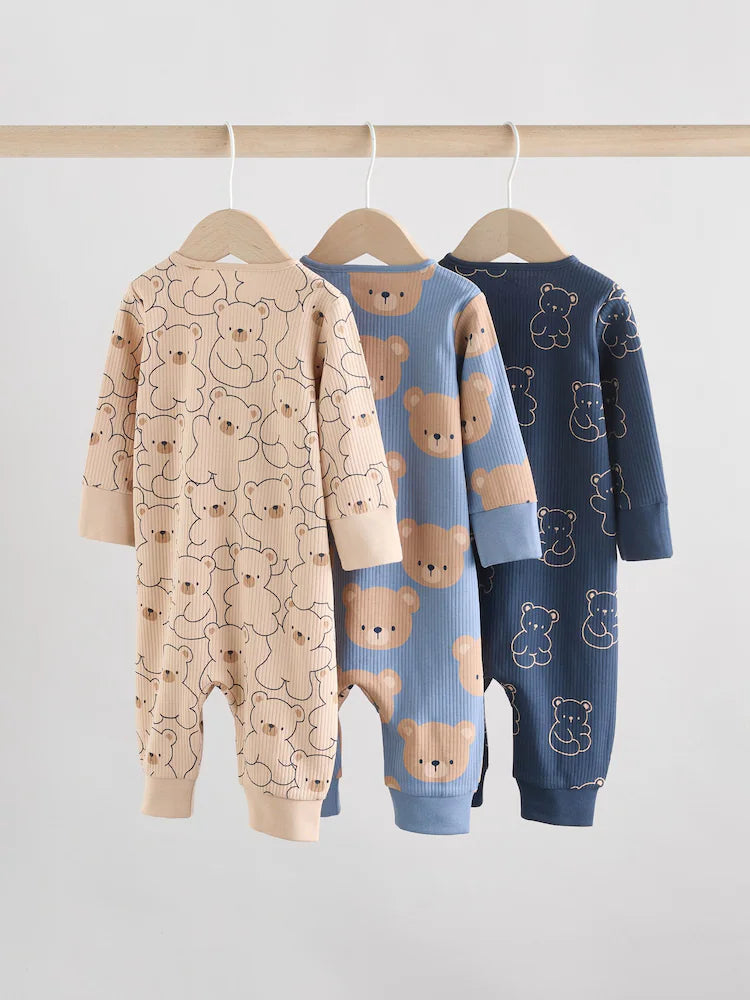 |BabyBoy| Macacão De Algodão Sem Pés Para Bebês, Marrom/Azul Marinho, Com Zíper Bidirecional, pacote com 3 (0 meses a 3 anos)