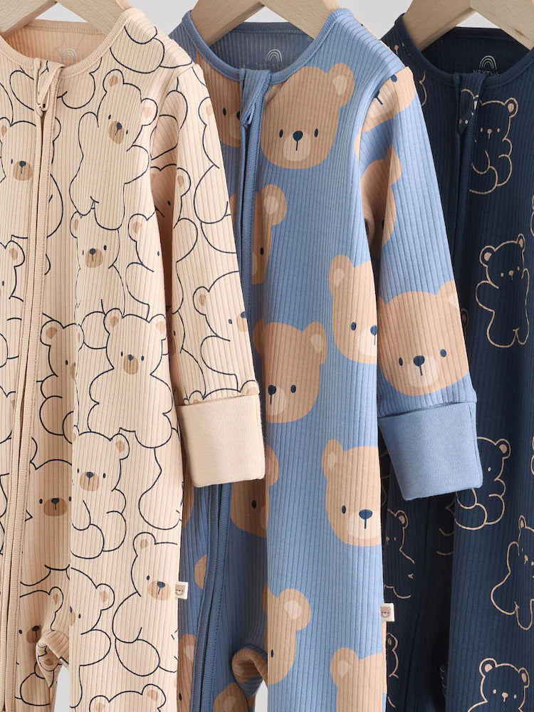 |BabyBoy| Macacão De Algodão Sem Pés Para Bebês, Marrom/Azul Marinho, Com Zíper Bidirecional, pacote com 3 (0 meses a 3 anos)