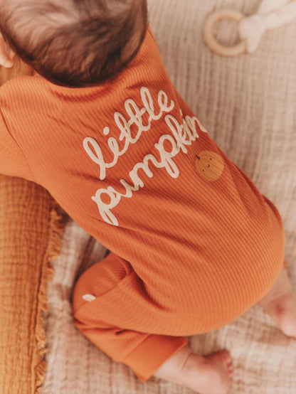 |BabyBoy| Macacão De Dormir Baby Little Pumpkin Marrom Ferrugem Com Zíper Bidirecional (0 meses a 3 anos)