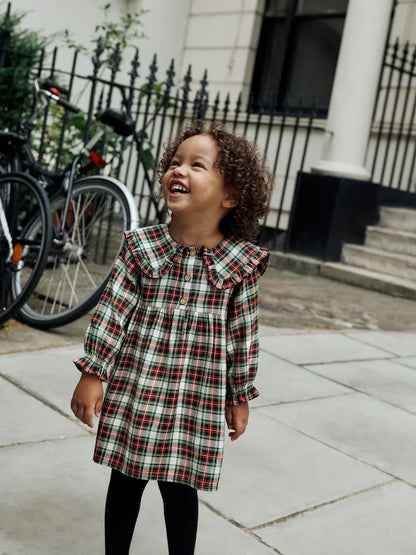 |Girl| Vestido Xadrez Vermelho/Verde Com Gola Longa e Manga Comprida (3 meses a 8 anos)