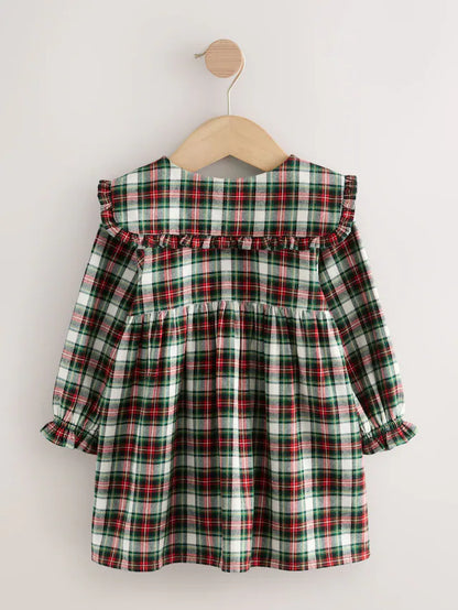 |Girl| Vestido Xadrez Vermelho/Verde Com Gola Longa e Manga Comprida (3 meses a 8 anos)