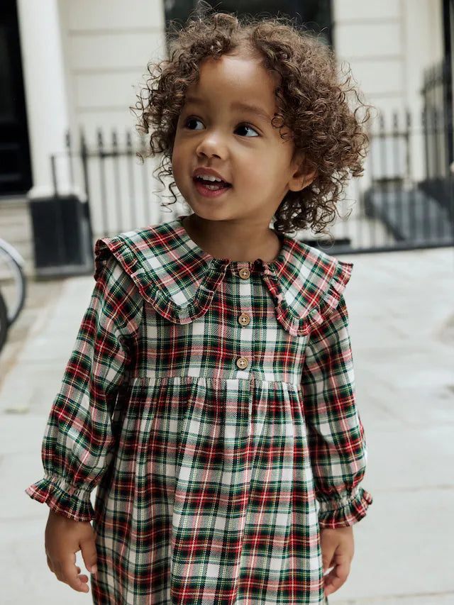 |Girl| Vestido Xadrez Vermelho/Verde Com Gola Longa e Manga Comprida (3 meses a 8 anos)