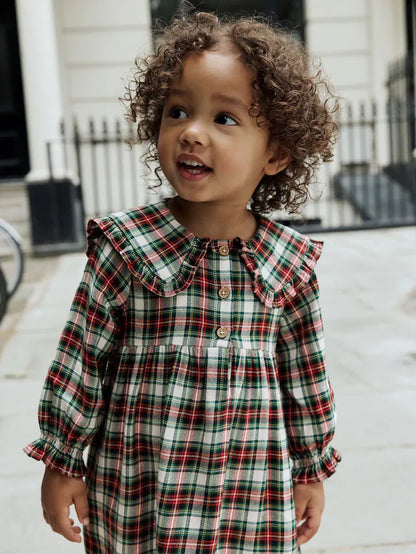 |Girl| Vestido Xadrez Vermelho/Verde Com Gola Longa e Manga Comprida (3 meses a 8 anos)