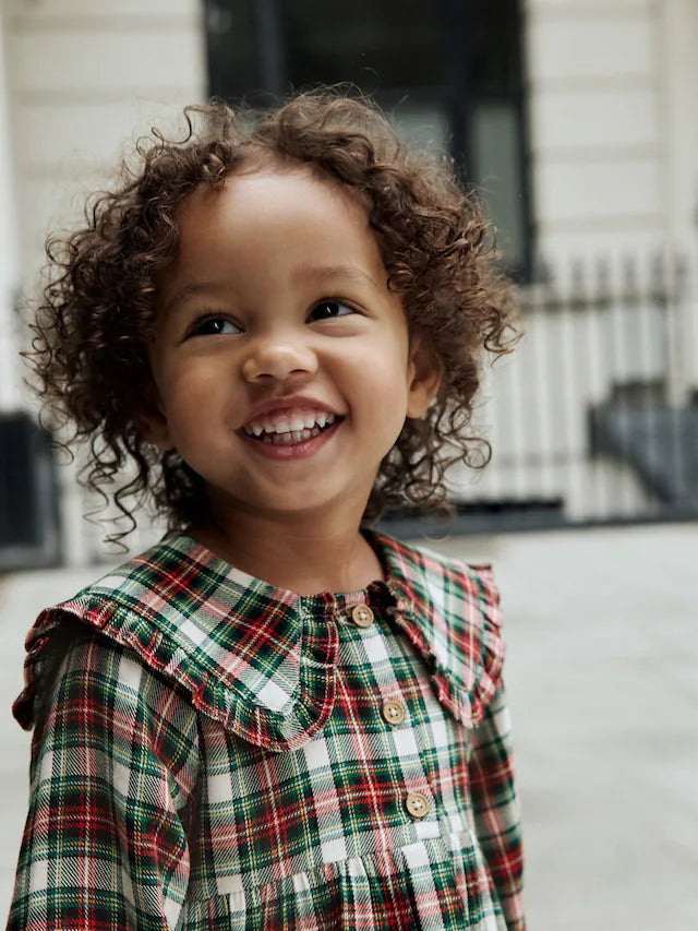 |Girl| Vestido Xadrez Vermelho/Verde Com Gola Longa e Manga Comprida (3 meses a 8 anos)