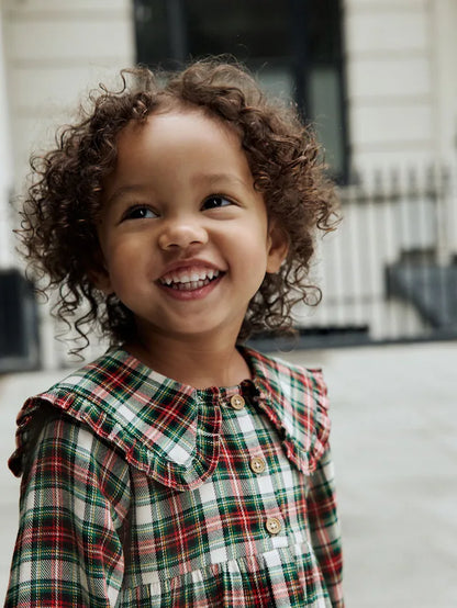 |Girl| Vestido Xadrez Vermelho/Verde Com Gola Longa e Manga Comprida (3 meses a 8 anos)