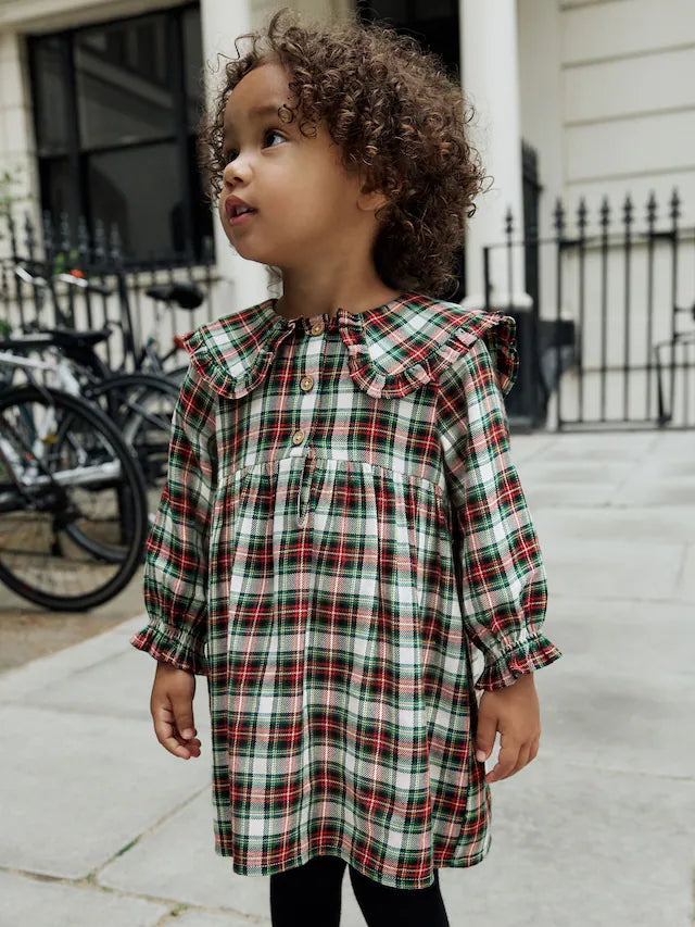 |Girl| Vestido Xadrez Vermelho/Verde Com Gola Longa e Manga Comprida (3 meses a 8 anos)