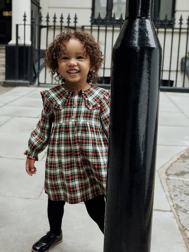 |Girl| Vestido Xadrez Vermelho/Verde Com Gola Longa e Manga Comprida (3 meses a 8 anos)