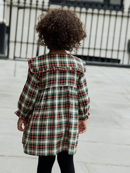 |Girl| Vestido Xadrez Vermelho/Verde Com Gola Longa e Manga Comprida (3 meses a 8 anos)