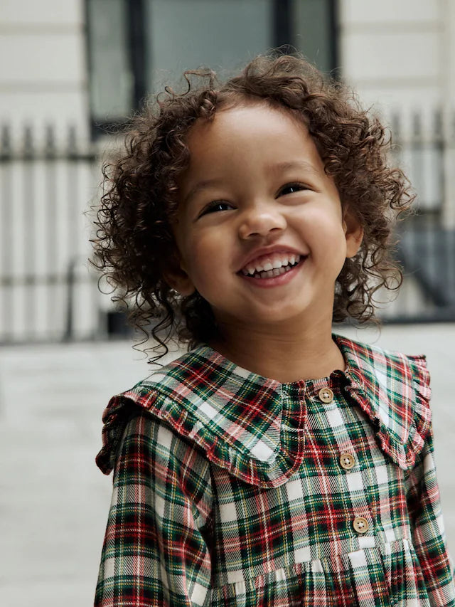 |Girl| Vestido Xadrez Vermelho/Verde Com Gola Longa e Manga Comprida (3 meses a 8 anos)