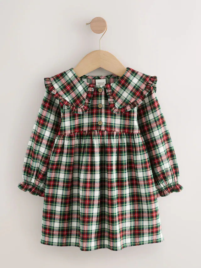 |Girl| Vestido Xadrez Vermelho/Verde Com Gola Longa e Manga Comprida (3 meses a 8 anos)