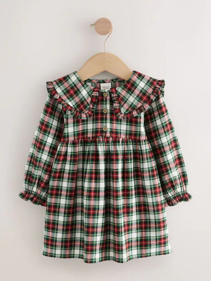 |Girl| Vestido Xadrez Vermelho/Verde Com Gola Longa e Manga Comprida (3 meses a 8 anos)