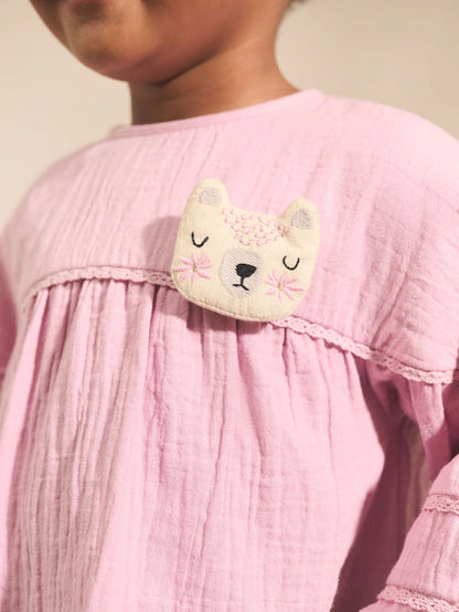 |Girl| Vestido Texturizado Rosa Com Personagem (3 meses a 8 anos)