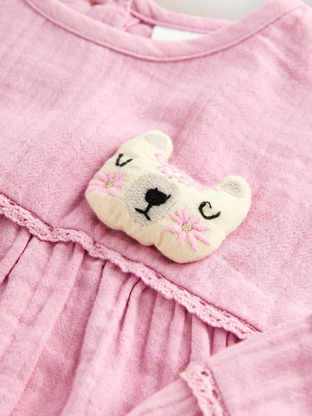 |Girl| Vestido Texturizado Rosa Com Personagem (3 meses a 8 anos)