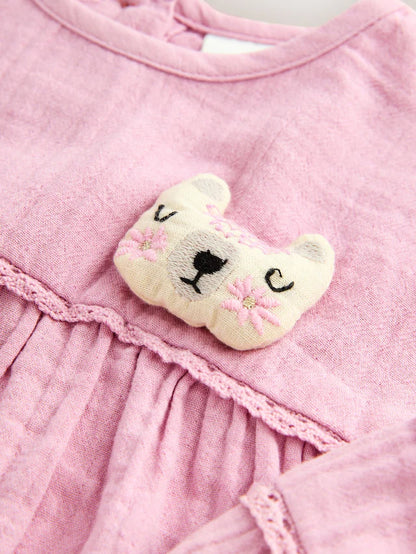 |Girl| Vestido Texturizado Rosa Com Personagem (3 meses a 8 anos)