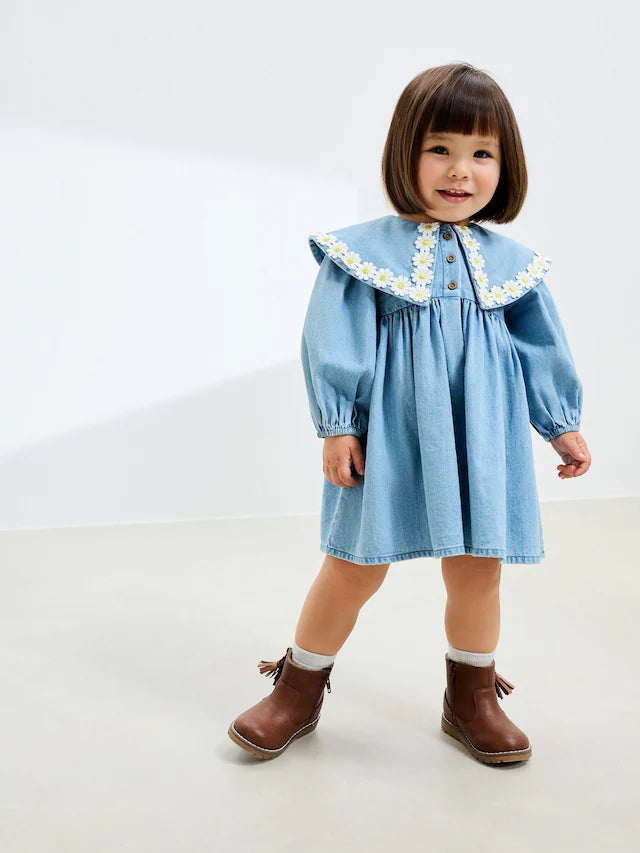 |Girl| Vestido Jeans Com Gola Margarida (3 meses a 8 anos)