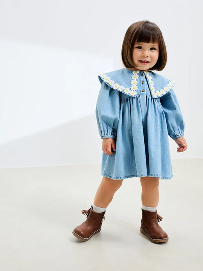 |Girl| Vestido Jeans Com Gola Margarida (3 meses a 8 anos)