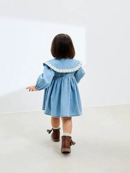 |Girl| Vestido Jeans Com Gola Margarida (3 meses a 8 anos)