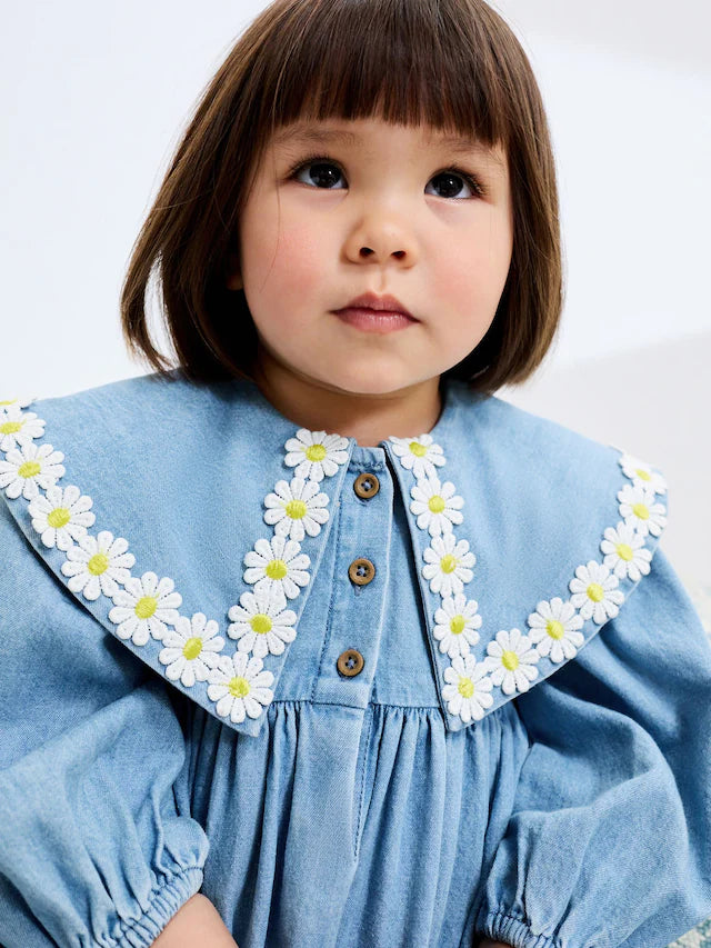 |Girl| Vestido Jeans Com Gola Margarida (3 meses a 8 anos)