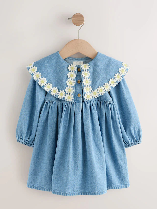 |Girl| Vestido Jeans Com Gola Margarida (3 meses a 8 anos)