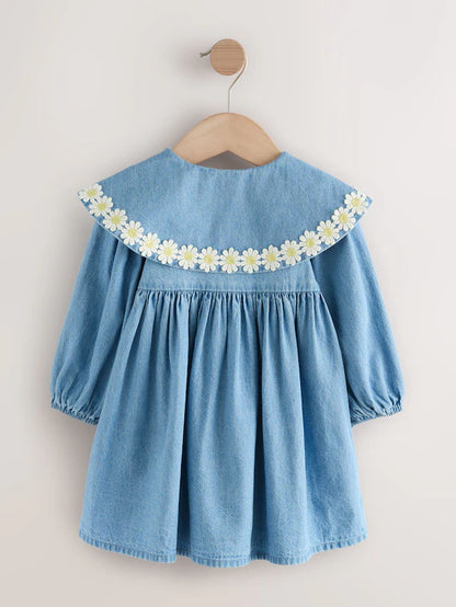 |Girl| Vestido Jeans Com Gola Margarida (3 meses a 8 anos)