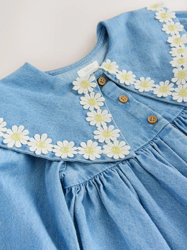 |Girl| Vestido Jeans Com Gola Margarida (3 meses a 8 anos)