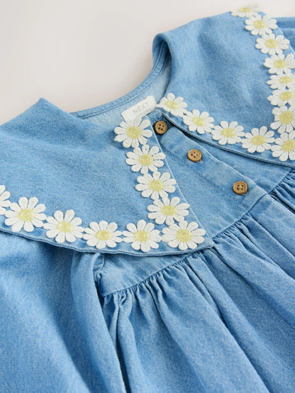 |Girl| Vestido Jeans Com Gola Margarida (3 meses a 8 anos)