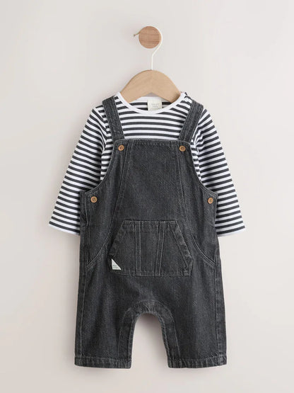 |BabyBoy| Conjunto De Macacão e Macacão Jeans Cinza Carvão Para Bebê (0 meses a 2 anos)