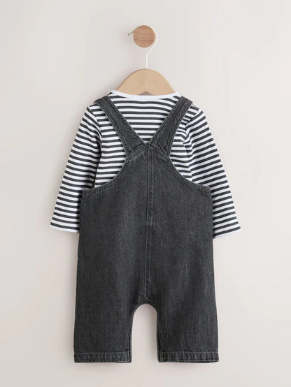 |BabyBoy| Conjunto De Macacão e Macacão Jeans Cinza Carvão Para Bebê (0 meses a 2 anos)